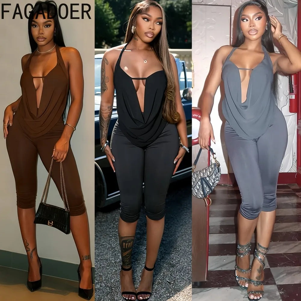 FAGADOER Sexy Solid Color 2 Pieces Set for Woman Halter Sleeveless