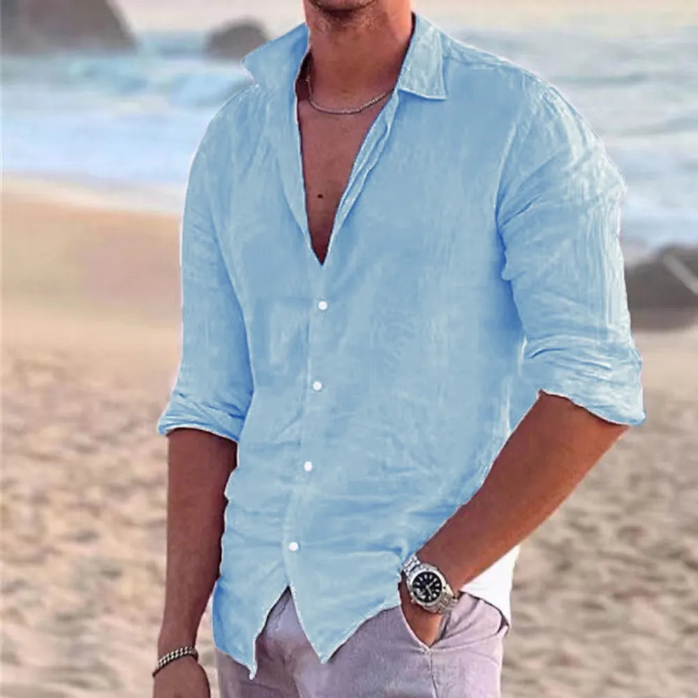 2023 New Men's Shirt Cotton linen Fashion Casual Polo Neck Beach Shirt