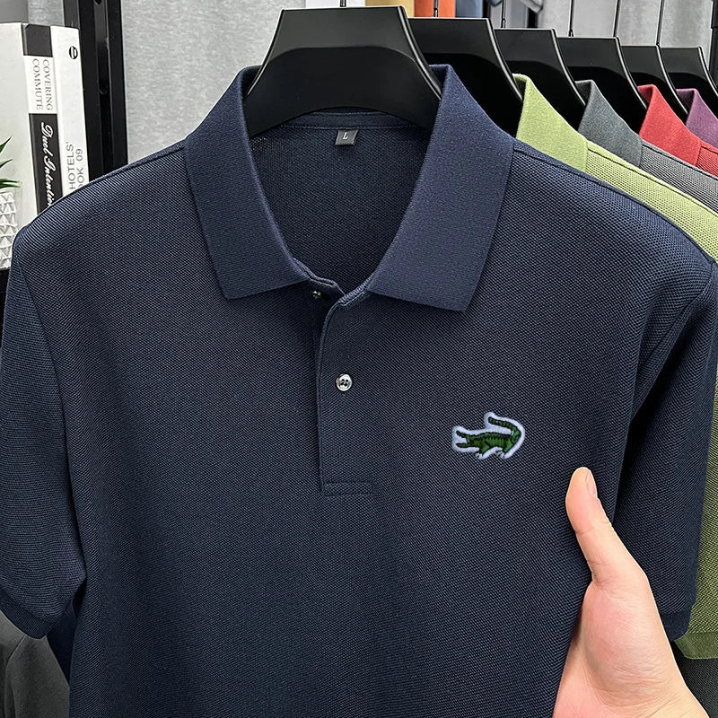 100% Cotton High-End Men New Short-Sleeved Polo Shirt Lapel Button