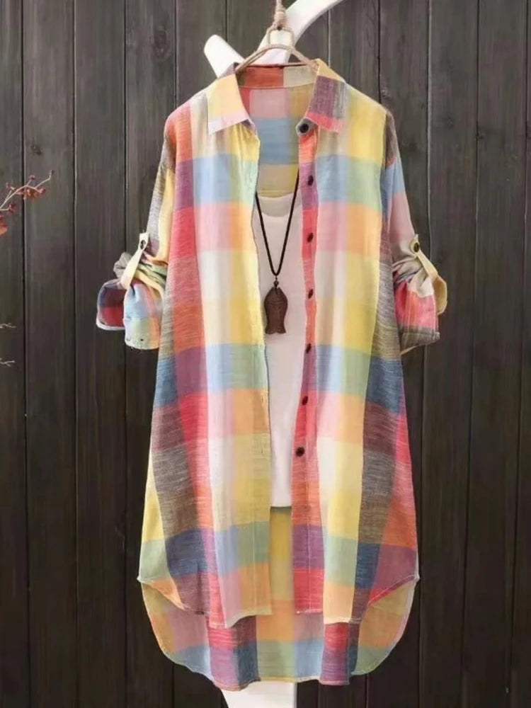 Plus Size Women's Blouses 2025 New Loose Vintage Stripe Plaid Shirt