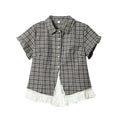 Lace Patchwork Plaid Shirt Women Summer Sweet Short Sleeve Vintage