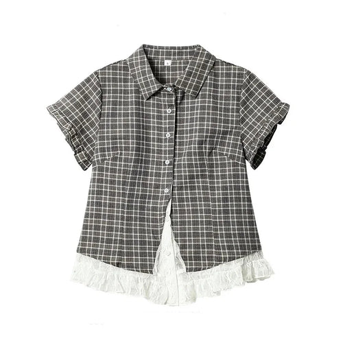Lace Patchwork Plaid Shirt Women Summer Sweet Short Sleeve Vintage