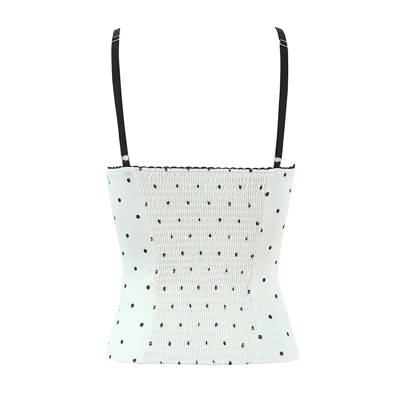 YENKYE Women's White Black Polka Dot  Crop Top Lace Trim Sleeveless