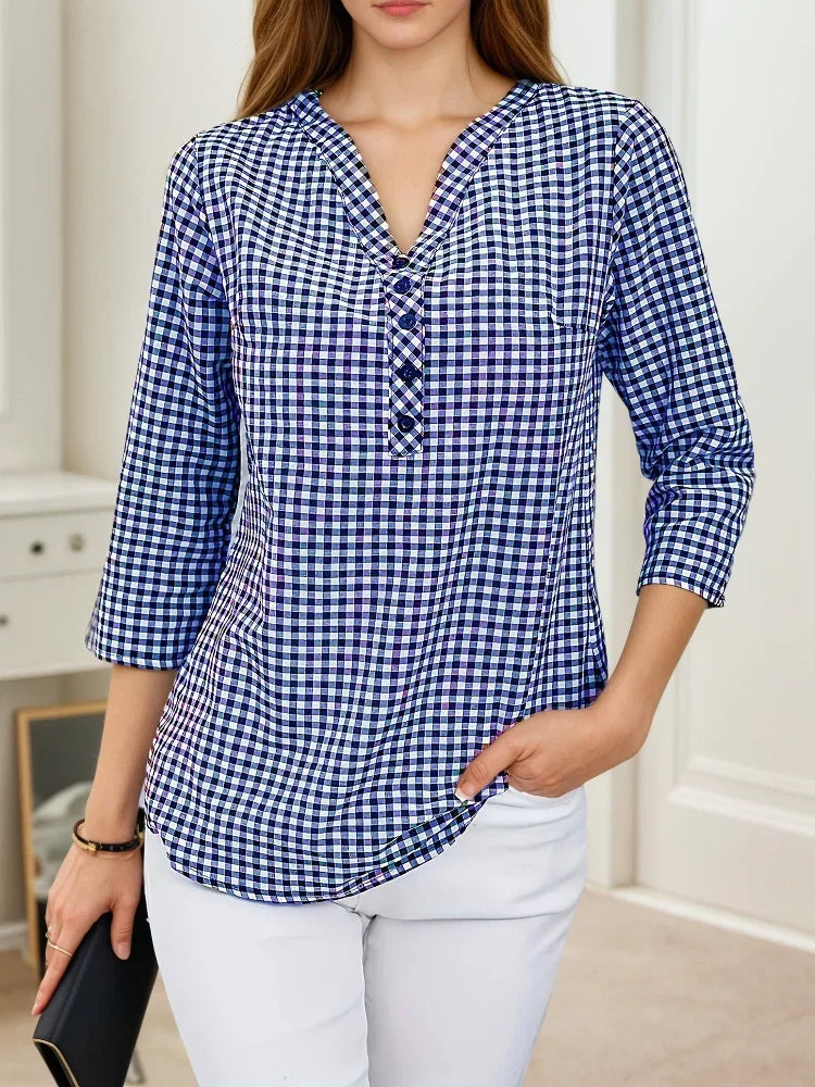 Plus Size Spring Autumn Women Fine Plaid Fashion Long Sleeve V-Neck