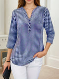 Plus Size Spring Autumn Women Fine Plaid Fashion Long Sleeve V-Neck