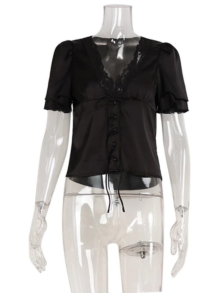 Ahagaga Causal Women Tops Solid Lace -Neck Short Sleeves Satin Slim