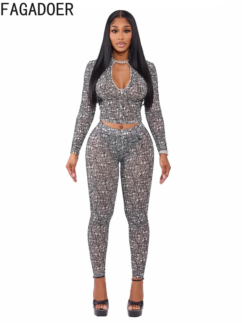 FAGADOER Sexy Stripe Patchwork 2 Pieces Set for Woman Outfit Solid