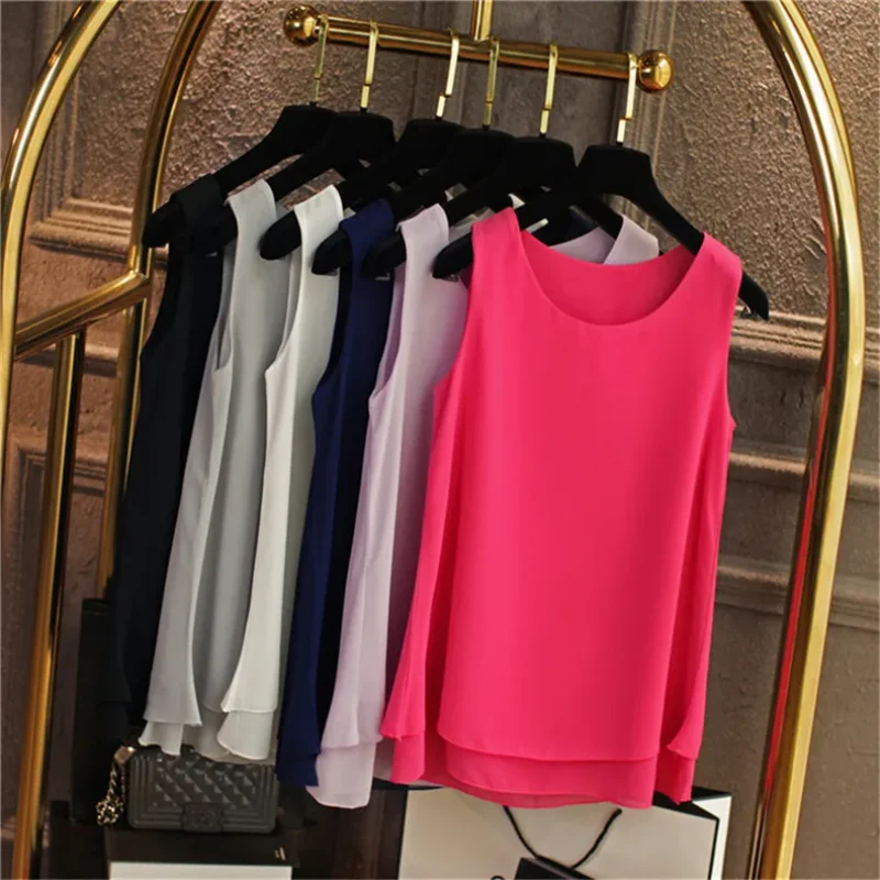 Women Tank Top White Blue Red Chiffon Summer O Neck Sleeveless Tops