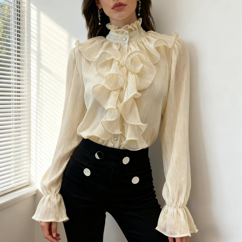 NEW High Quality Vintage Ruffles Clothes Lace Blouse Women Spring