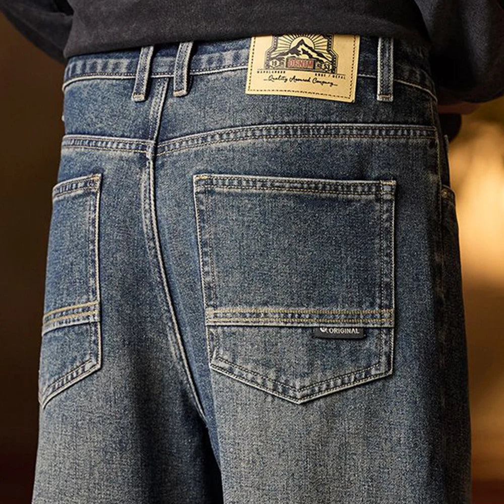 American Men's Y2K Retro Blue Denim Jeans Autumn Spring Relaxed Fit