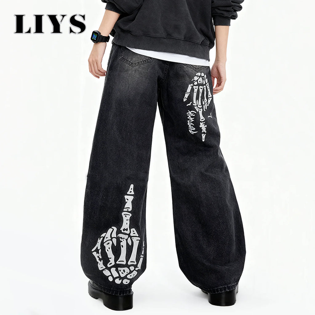 Men's Black Skull Finger Print Baggy Wide Leg Jeans Spring Summer