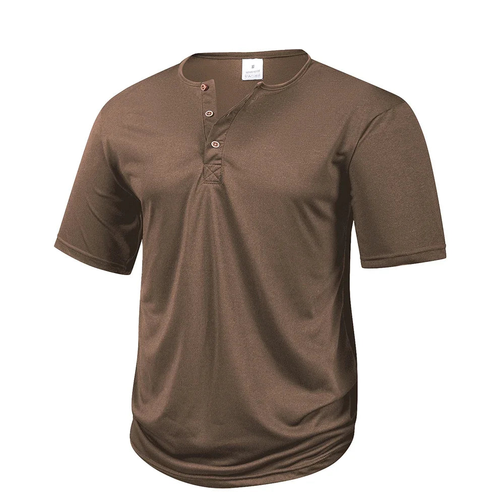 Men's Casual  Henry T Shirt Summer Brown Button Solid Color Polo Short
