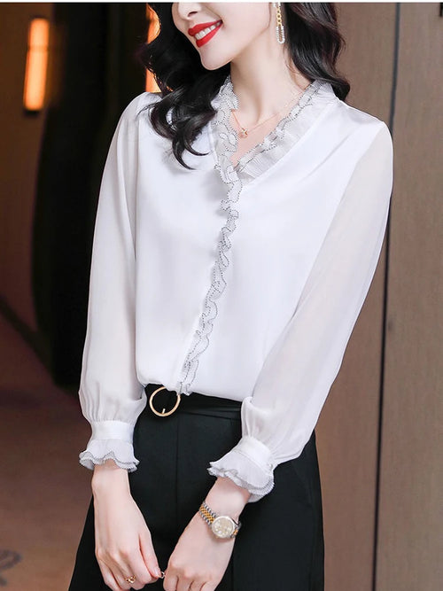 Elegant Women Chiffon Shirt Korean Blouse Office Lace Mesh Long Sleeve