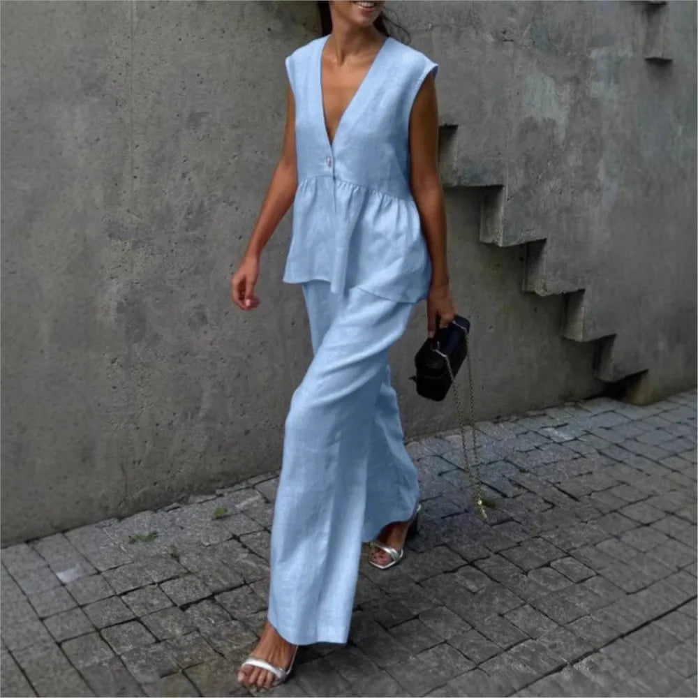 Casual Sleeveless Vest V Neck Blouse Trousers Cotton Linen 2 Piece Set