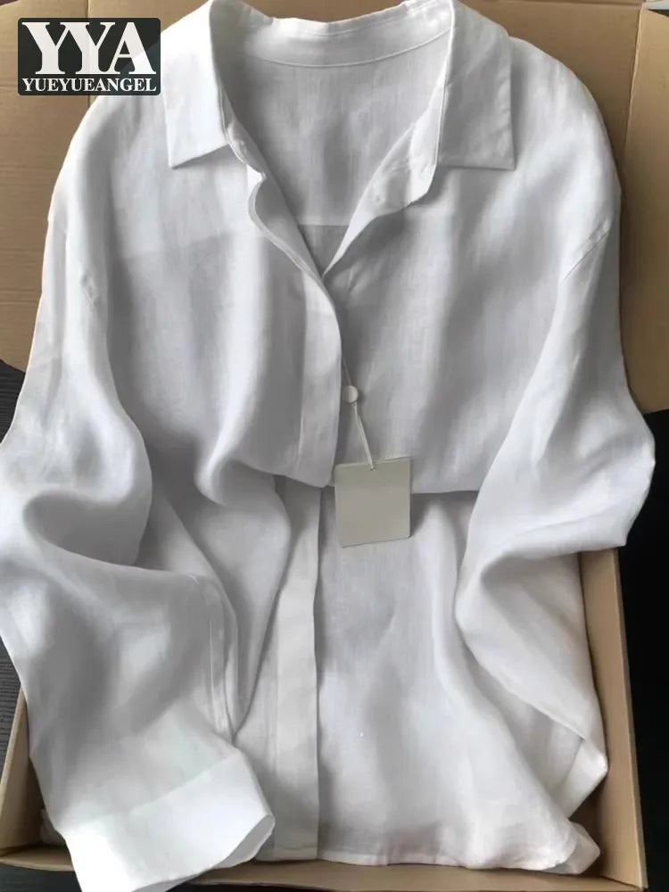 Casual Office Ladies Work Solid Color Linen Shirt Long Sleeve Spring