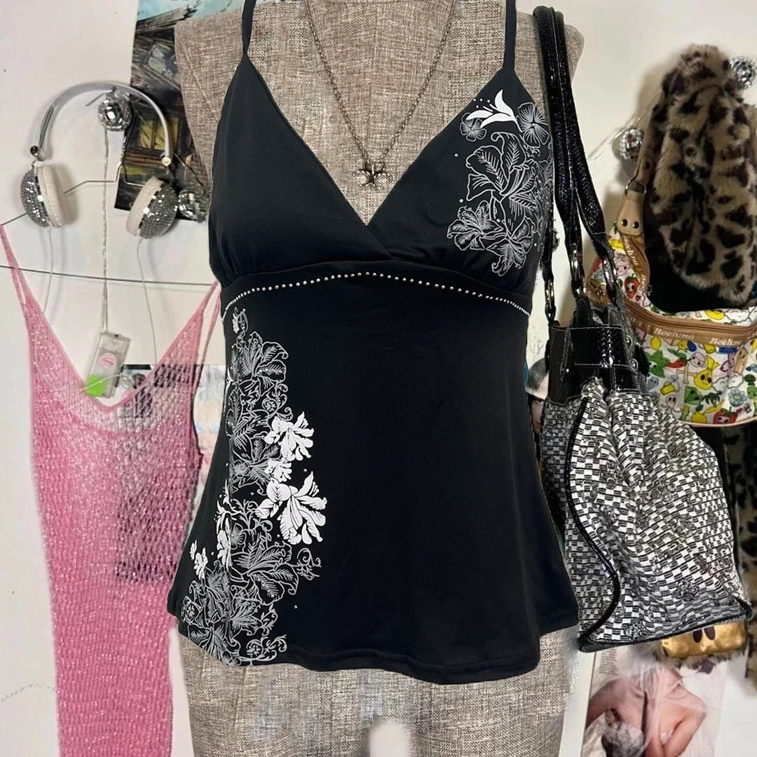 Y2K Vintage Black Suspender Tops Women Harajuku Flower Graphic Print