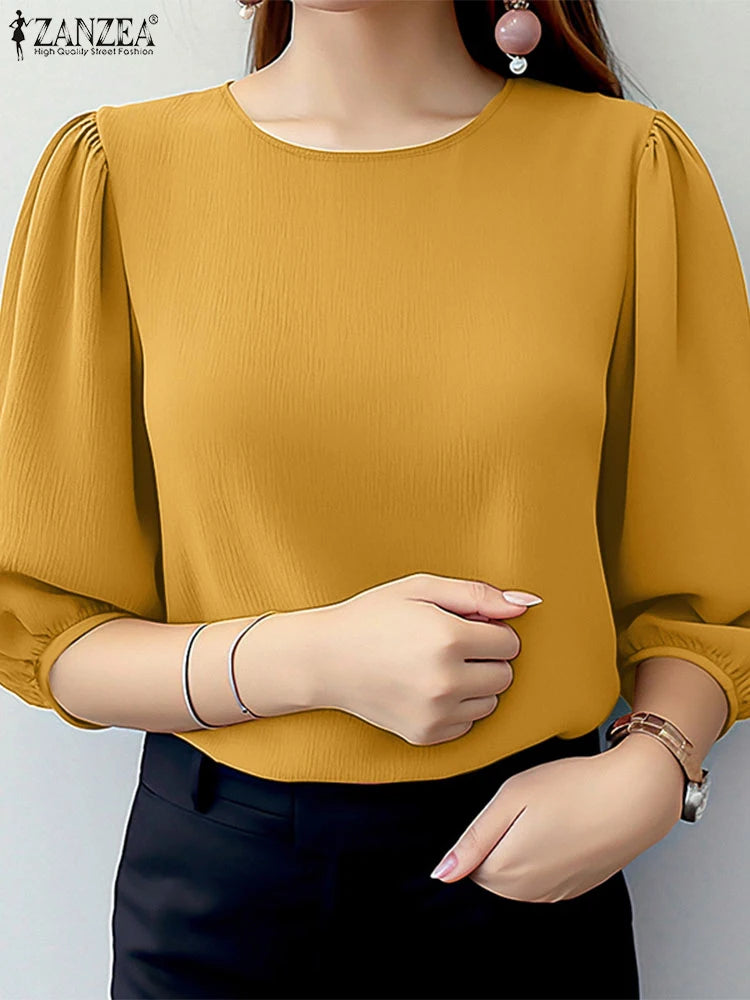 ZANZEA Elegant Women Puff Sleeve Blouses 2025 Summer 3/4 Sleeve O Neck