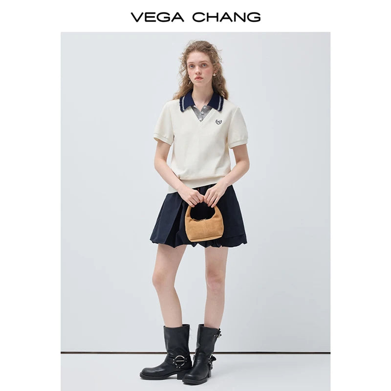 Vega Chang New Summer Style Women's Lapel Short-Sleeved T-Shirt Fake