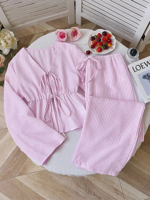 2026 Summer Two Piece Set Women Striped V Neck Lace Up Sleeveless
