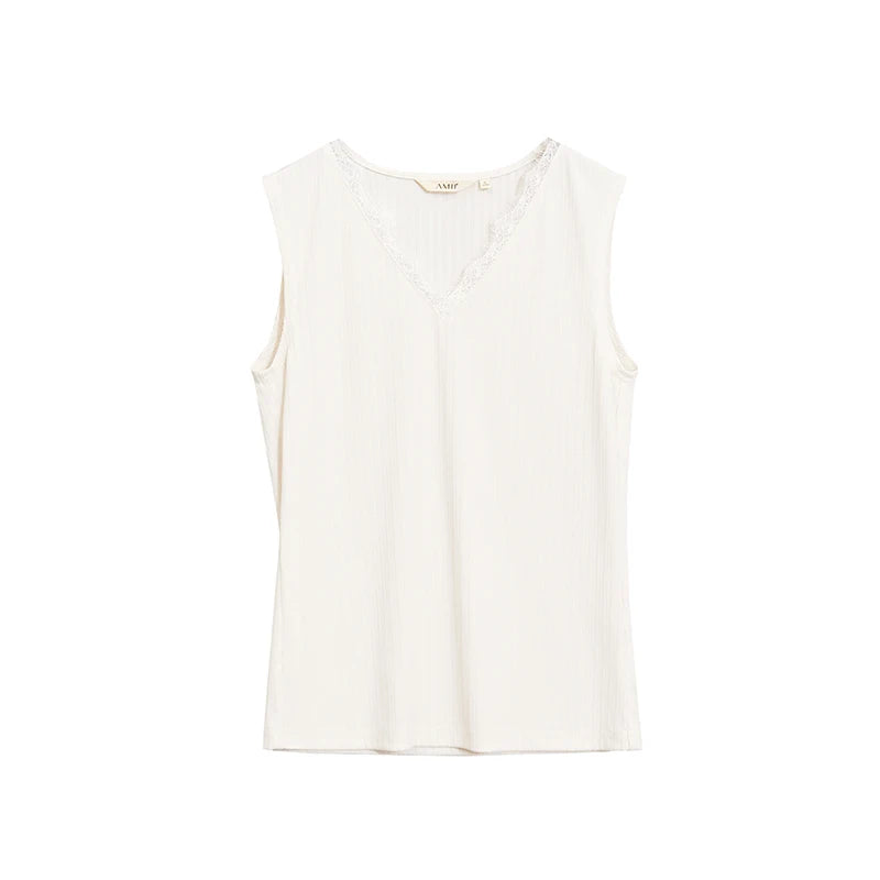 Amii Women's Tank Top 2026 Summer New Lace Trim V-Neck Knit Sleeveless