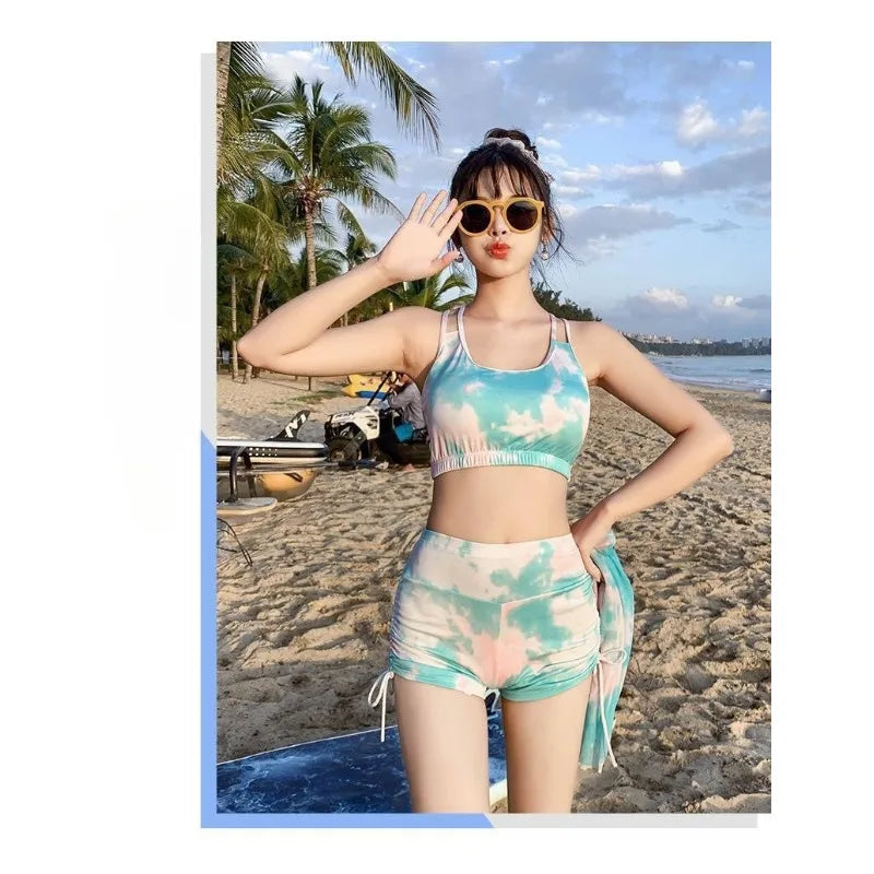 Sweet Tie Dye Three Piece Swimsuit Set with Sheer Cover Up Crop Top