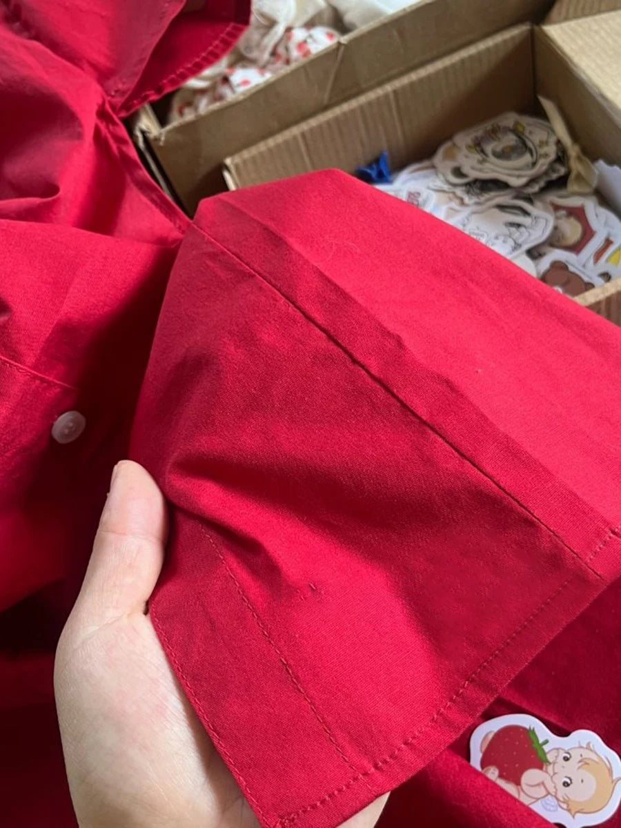 Red Basic Slim T-Shirt Blouse Woman Summer Turn Down Collar Single