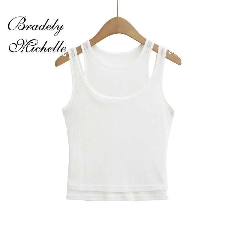 Stacked Double-layer Round Neck Women Sleeveless Cropped Tank Crop