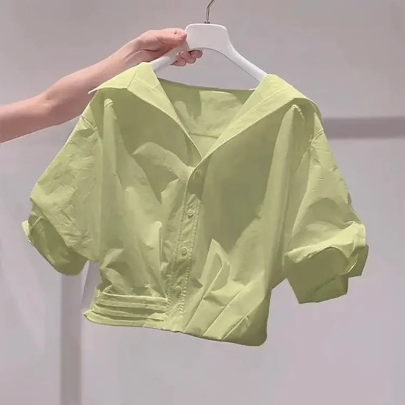 Lapel Bubble Sleeve Shirt Women Loose Fit Cropped Top Female blouse