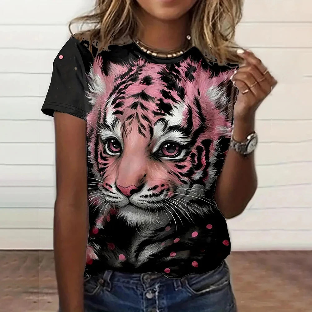 Women's Fashionable Short Sleeve T-Shirts 3d Leopard Print Top Tees