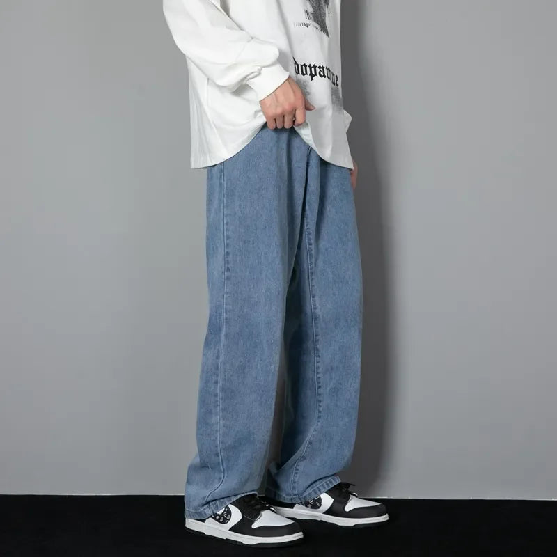 New Korean Men's Casual Long Jeans Classic Man Straight Denim Wide-leg
