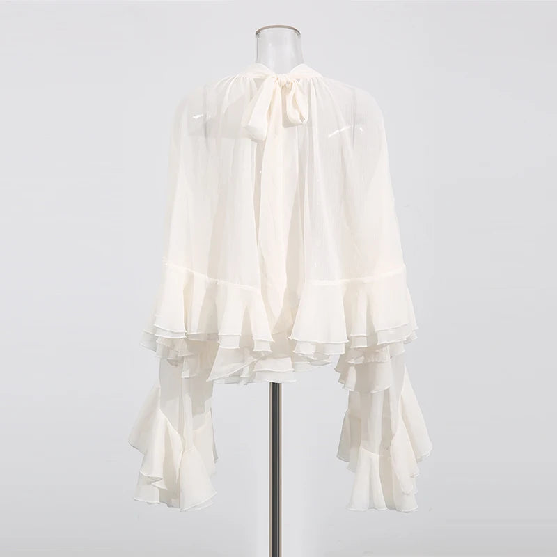 TWOTWINSTYLE Solid Loose Sheer Blouses for Women High Neck Long
