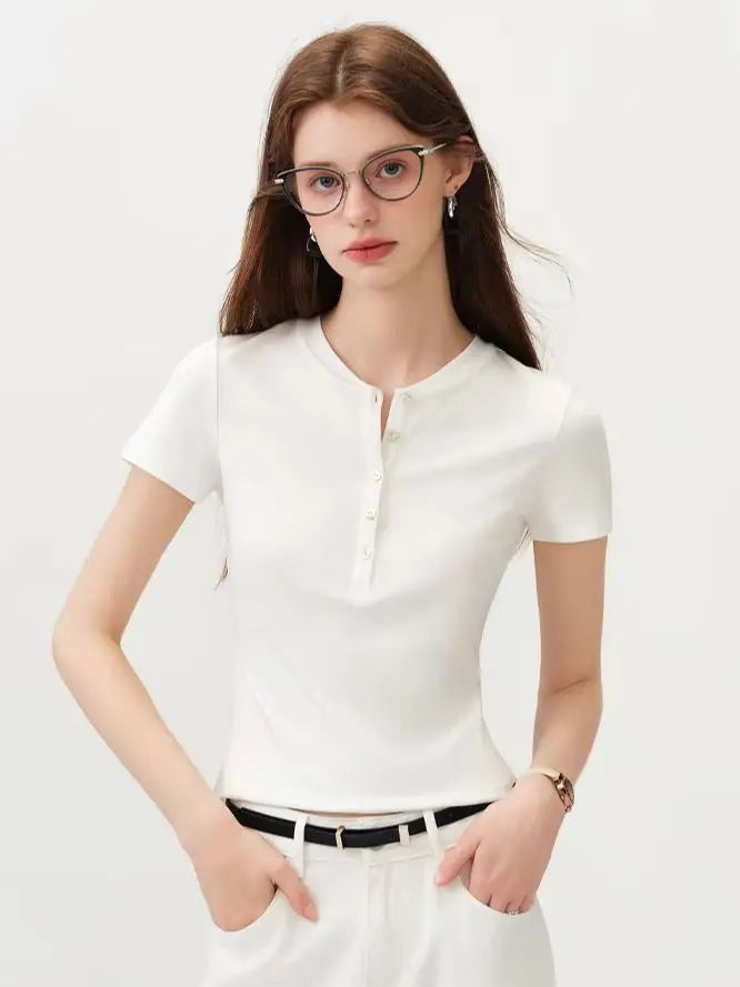 FSLE New Summer Women's Fitted Short Sleeve White T-Shirt with Buttons