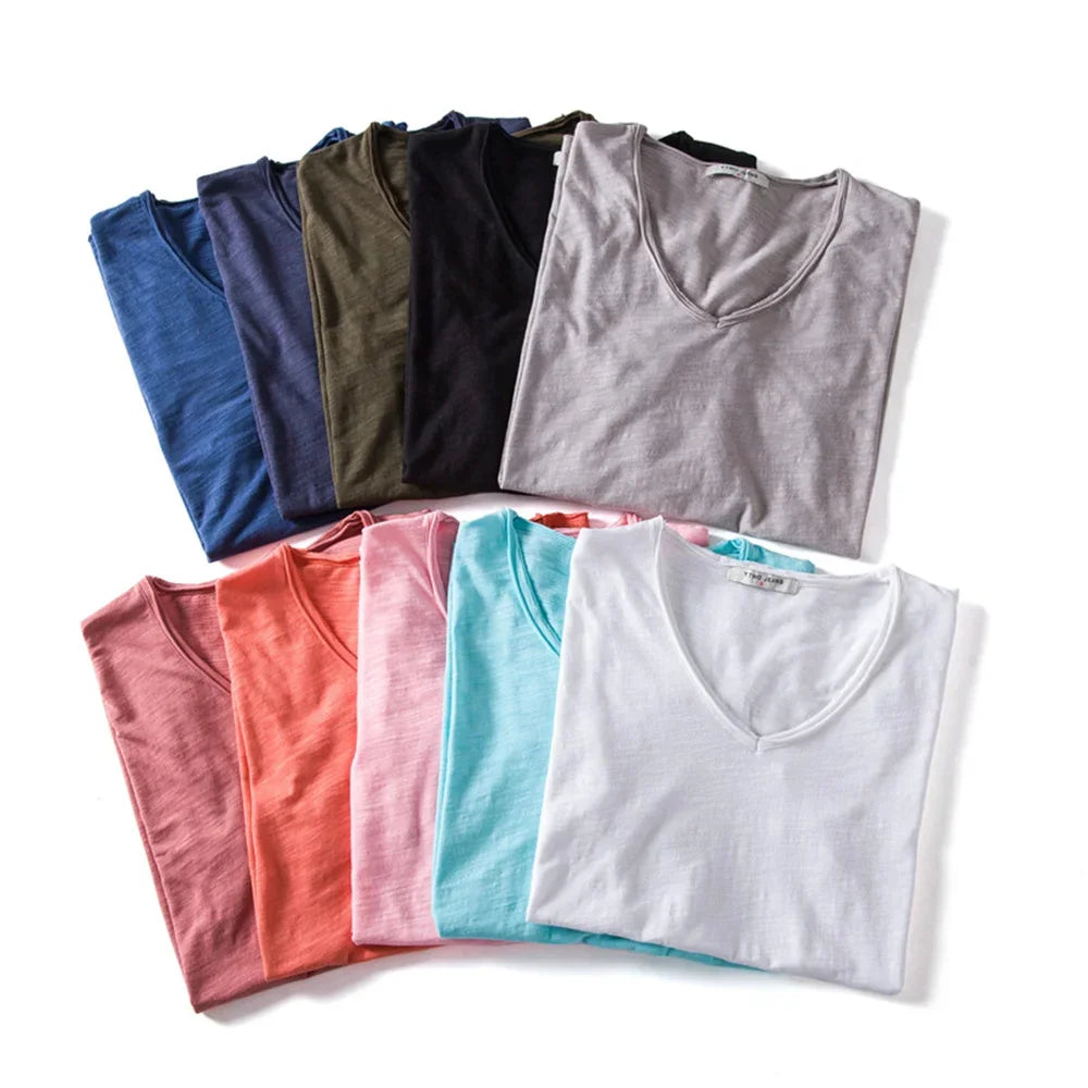 Brand Quality 100% Cotton Men T-shirt V-neck Fashion Design Slim Fit