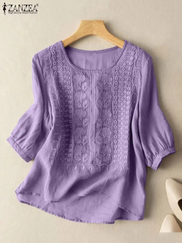 ZANZEA Summer Vintage Lace Crochet Blouse Women O Neck 3/4 Sleeve Tops