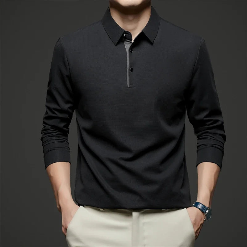 New Men's Business Casual  Long Sleeve Solid Color Polo Shirt