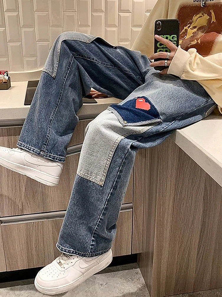 Harajuku Wide Leg Baggy Cargo Jeans Pants Men Heart Oversize Straight