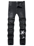 Men's Jeans Black Denim Pants Straight Leg Comfort Mid Waist White