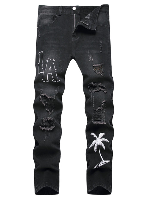 Men's Jeans Black Denim Pants Straight Leg Comfort Mid Waist White