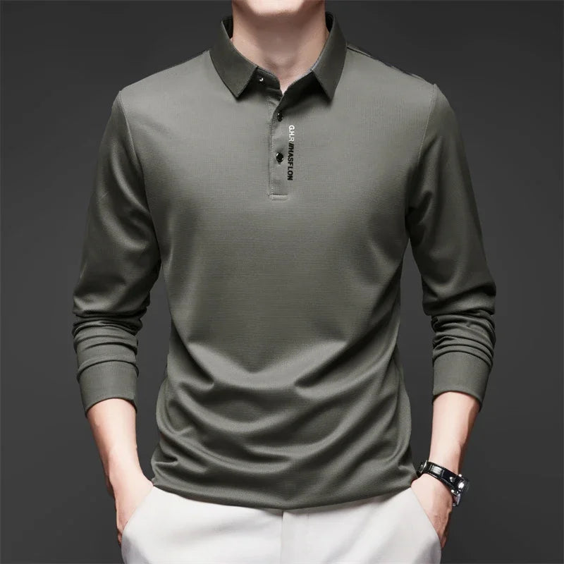 New Men's Business Casual Long Sleeved Shirt with Badge Solid Color