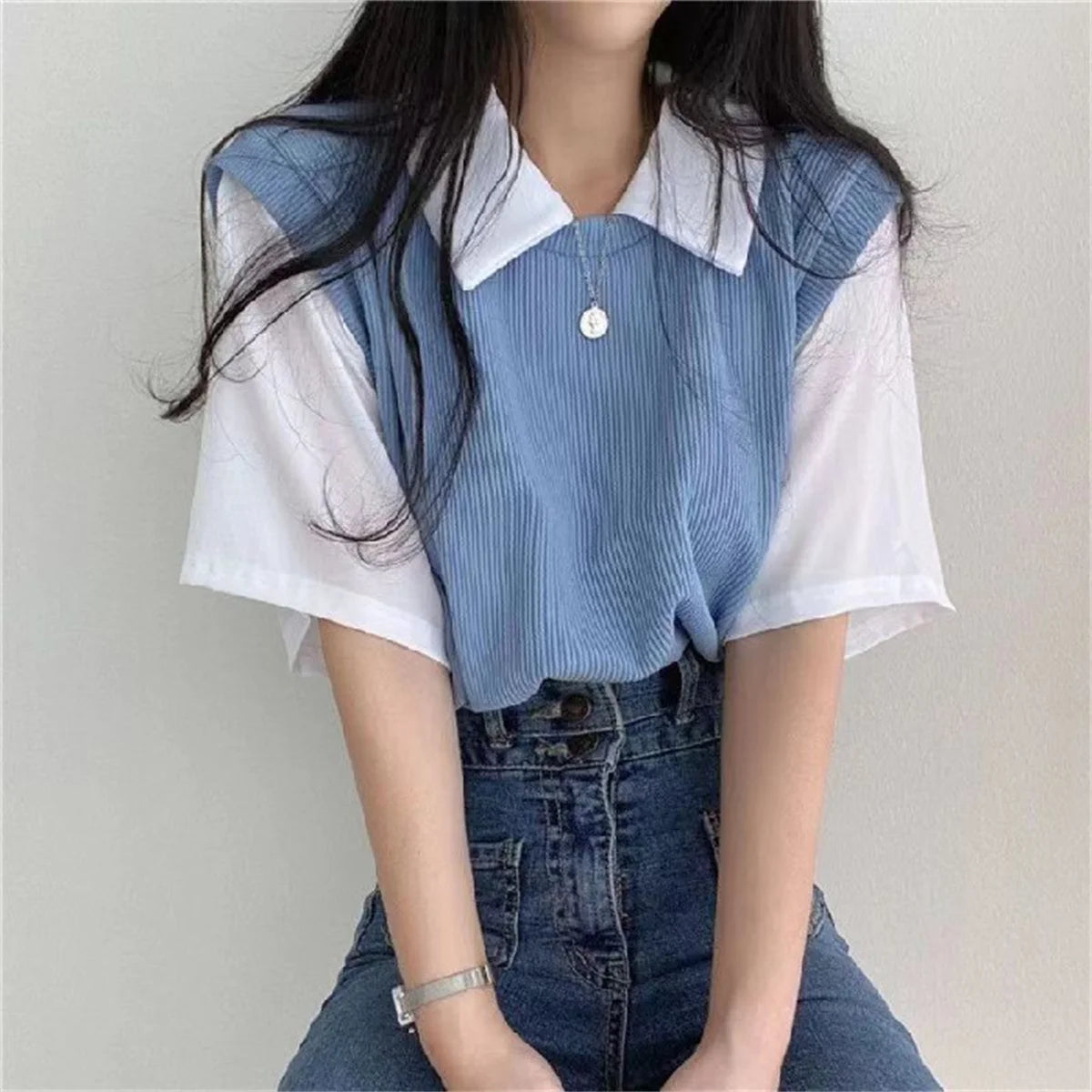 Summer Academy Style Color Blocking Polo Collar Top Fake Two-piece