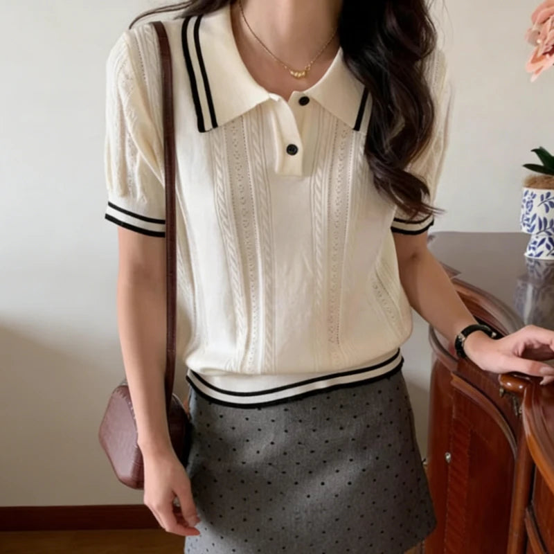 Short Sleeve Knit Polo Sweater Pointelle Cable Knit Crop Tops Shirts