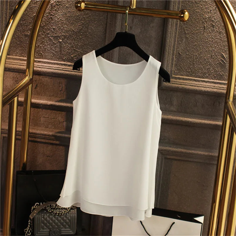 Women Tank Top White Blue Red Chiffon Summer O Neck Sleeveless Tops