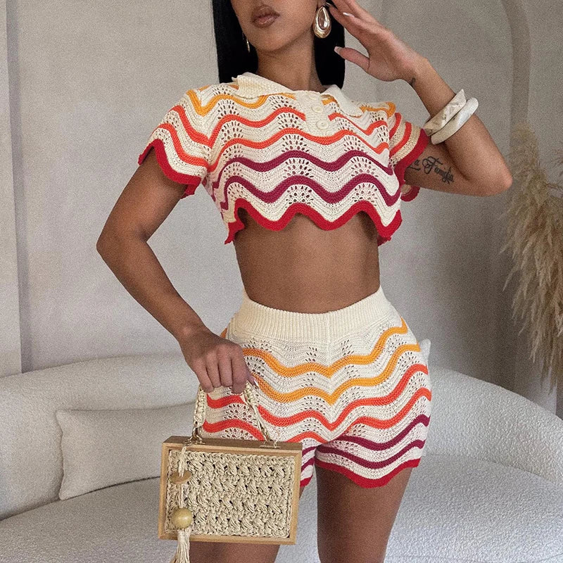 Women Wave Print 2 Piece Set Colorful Knit Stretch Thin Button Crop