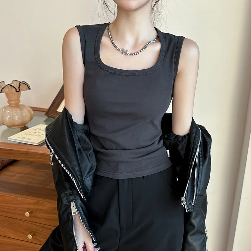 Women Solid Sleeveless Tank Top Camisole，Summer Basic Stretchy Square