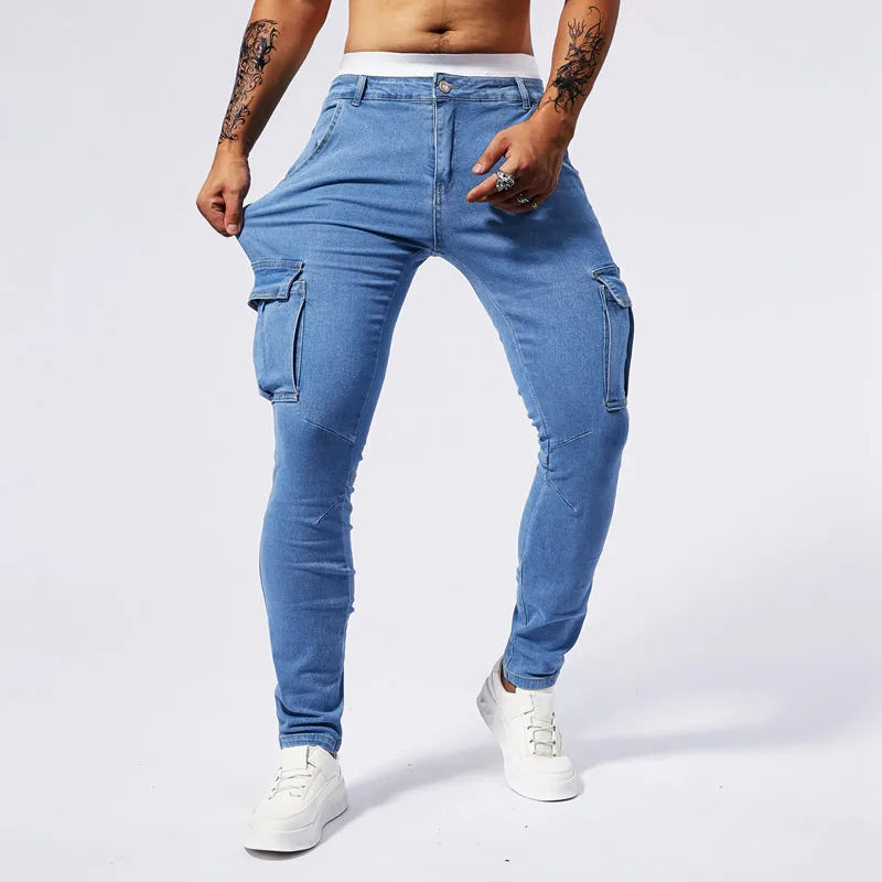 Slim Fit Large Pocket Jeans Cargo Pants for Men Fashionable Casual Hip