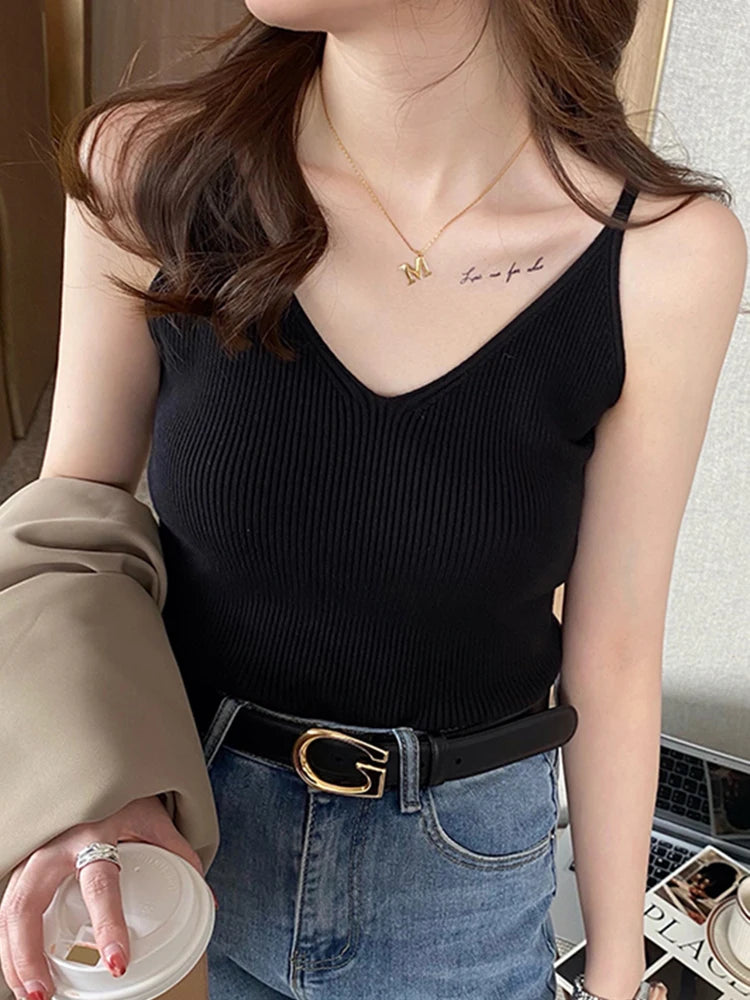 Korea Summer Tops 2026 New Solid V-Neck Elastic Knitted Suspender