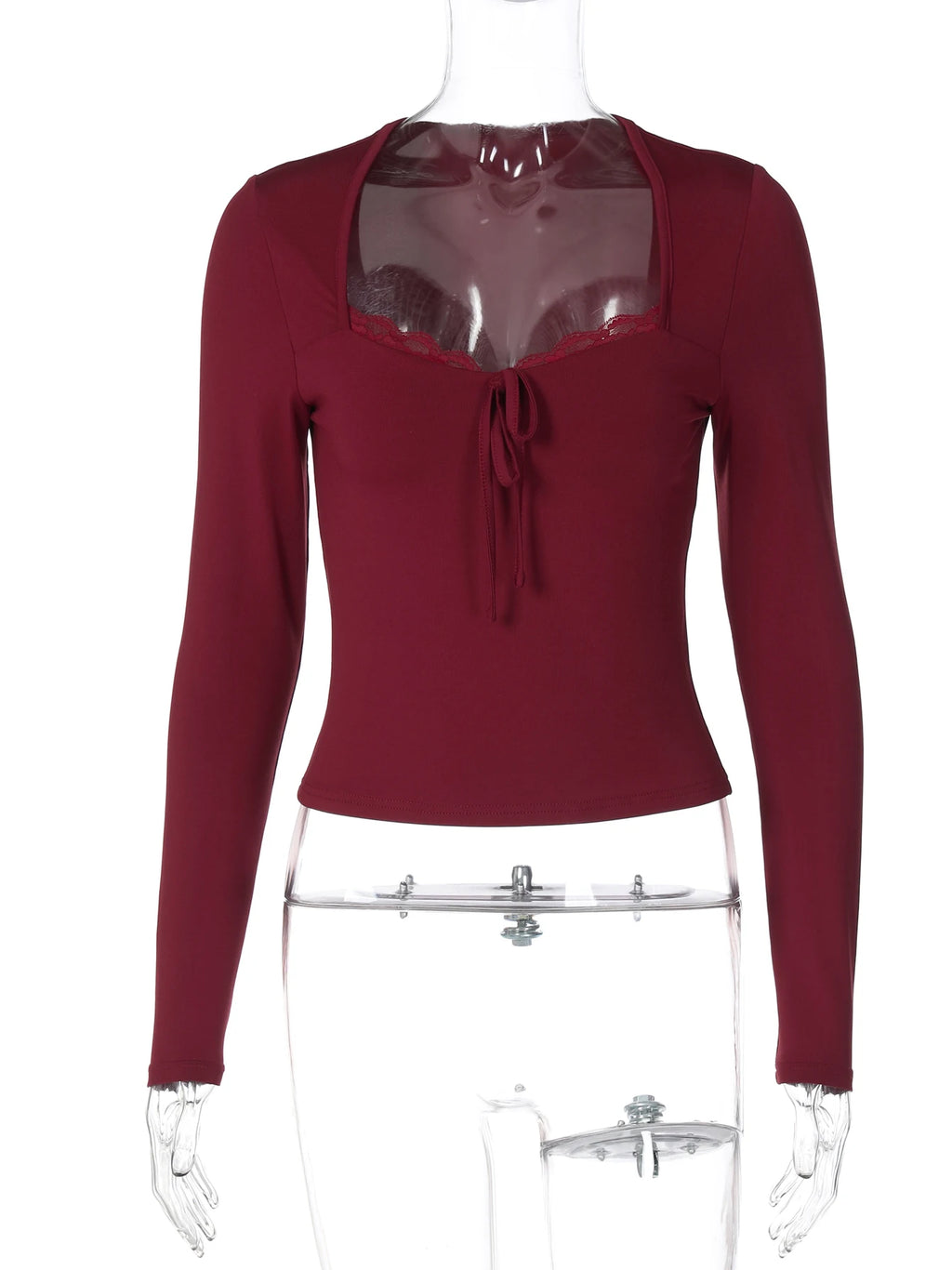 Hugcitar Elegant Long Sleeve Solid Patchwork Lace Bandage Sexy Crop
