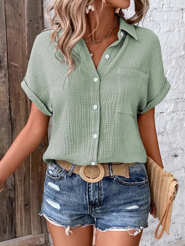 Women Casual Cotton Blouse Vintage Summer Short Sleeve Slim Shirt