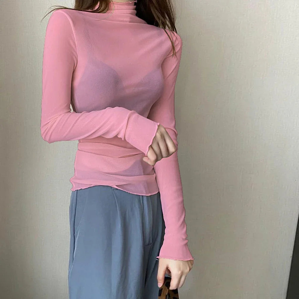 Women Blouses Ladies Party Female Bottoming Tops High Neck Long Sleeve