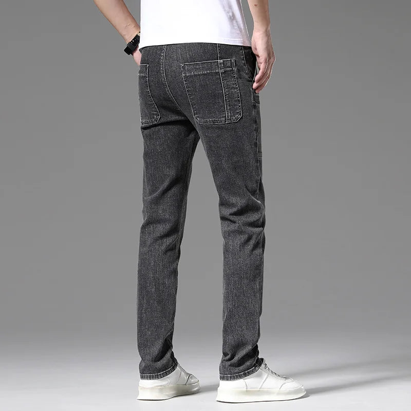 Spring Men's Elastic Jeans Straight Leg Workwear Wide Pockets